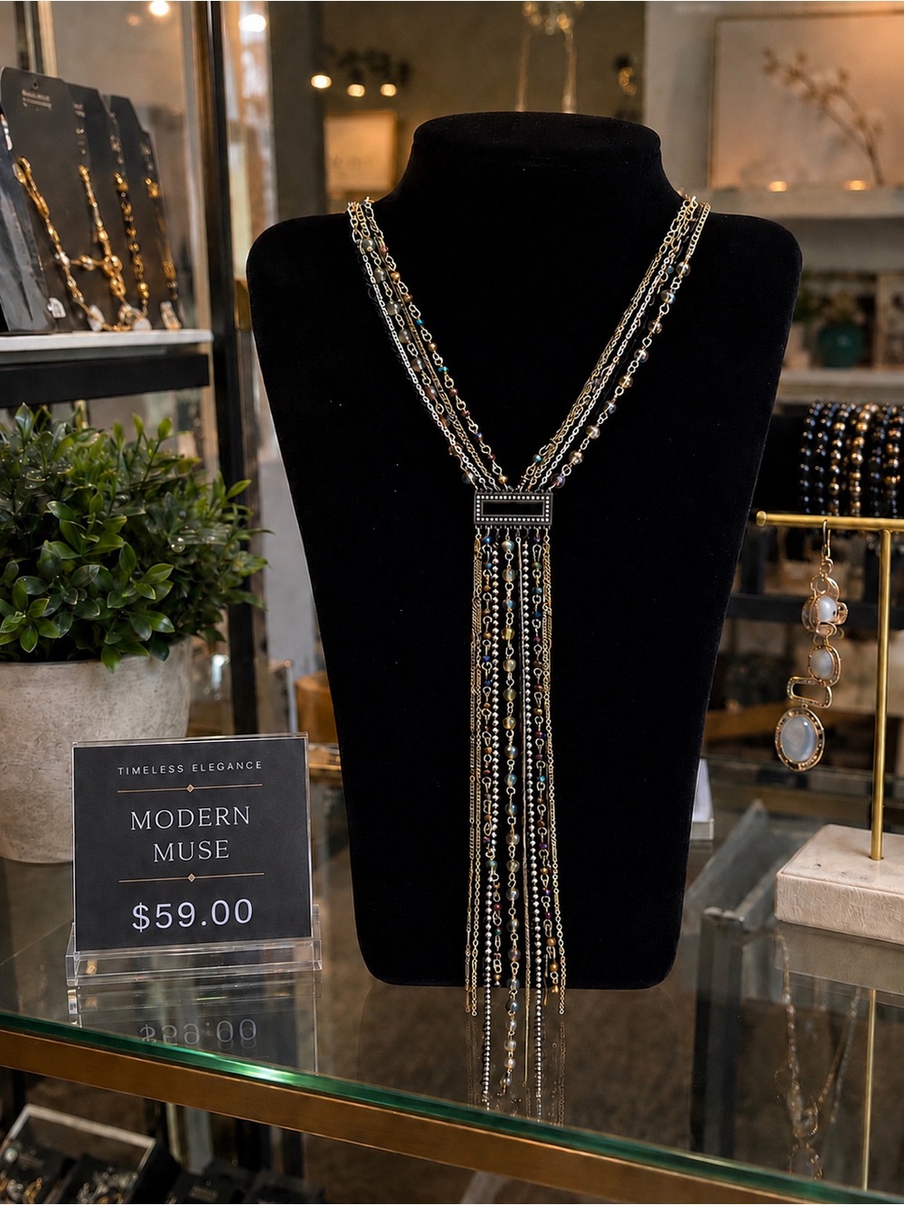 Premier Designs “Modern Muse” Gold Multi-Chain Tassel Necklace.